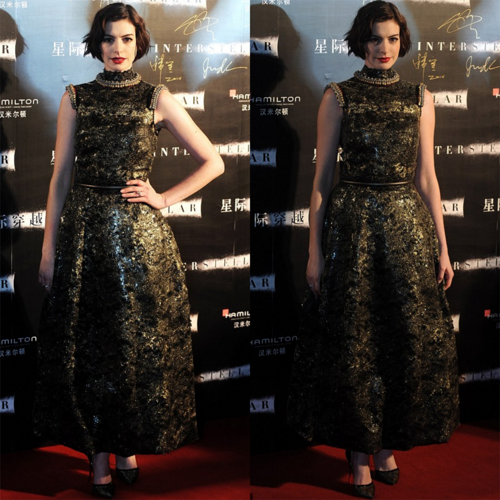 “Starry-Eyed: Anne Hathaway Shines in Stellar Gold Gown at Interstellar Premiere in Shanghai”